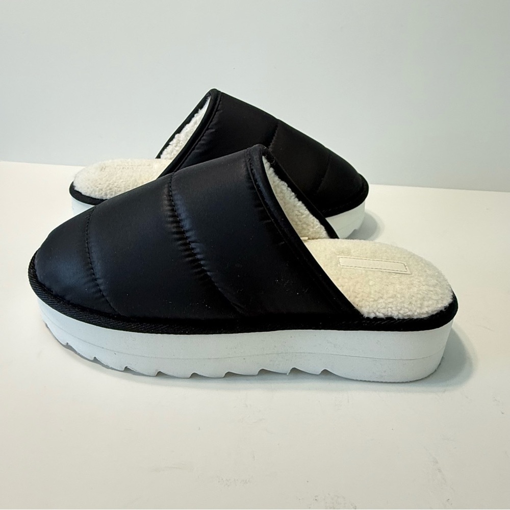 Anthropologie Maeve Puffy Platform Slipper Clogs Women's M Faux Fur Black White